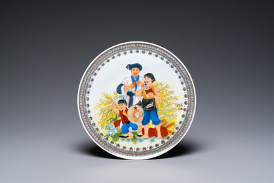 Three Chinese Cultural Revolution dishes, two signed Wu Kang 吳康 and dated 1968 and 1973