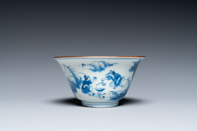 A Chinese blue and white bowl with fishermen at lunch, Chenghua mark, Kangxi