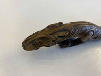 A Chinese bronze 'chilong' scroll weight, probably Qing