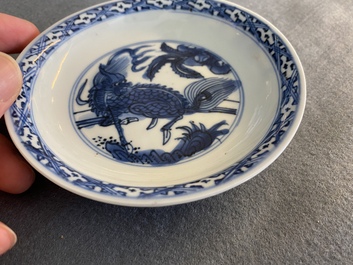 A small Chinese blue and white 'qilin' dish, Jiajing or Wanli