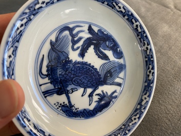 A small Chinese blue and white 'qilin' dish, Jiajing or Wanli