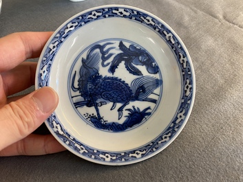 A small Chinese blue and white 'qilin' dish, Jiajing or Wanli