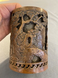 Pot &agrave; pinceaux en bronze &agrave; double parois, Chine, marque de Xuande, Qing