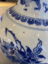 A Chinese blue and white bottle vase with a dragon on the neck, Transitional period