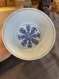 A Chinese blue and white 'Lan&ccedil;a' stem cup, Qianlong mark, 19th C.