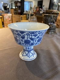 A Chinese blue and white 'Lan&ccedil;a' stem cup, Qianlong mark, 19th C.