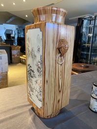 A Chinese grisaille and faux bois 'cong' vase, Qianlong mark, 20th C.