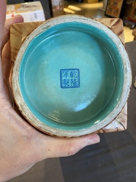 A Chinese grisaille and faux bois 'cong' vase, Qianlong mark, 20th C.