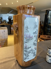 A Chinese grisaille and faux bois 'cong' vase, Qianlong mark, 20th C.