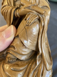 Guanyin en bois sculpt&eacute; et Liu Hai en pierre &agrave; savon, Chine, Qing