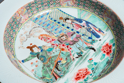 A rare large deep Chinese famille rose dish with fine figurative design, Yongzheng