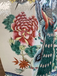 A hexagonal Chinese famille rose vase with antiquities and peacocks, 19th C.