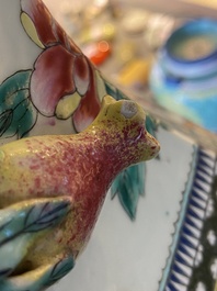 A hexagonal Chinese famille rose vase with antiquities and peacocks, 19th C.