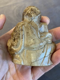 Guanyin en bois sculpt&eacute; et Liu Hai en pierre &agrave; savon, Chine, Qing