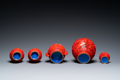 Six Chinese red lacquer pieces with Cultural Revolution design