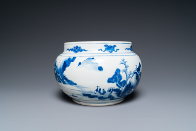 A Chinese blue and white bowl with figures in a landscape, Kangxi