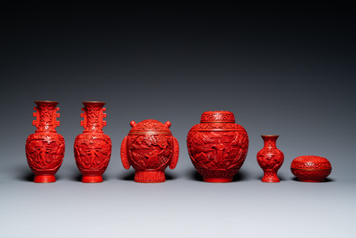 Six Chinese red lacquer pieces with Cultural Revolution design