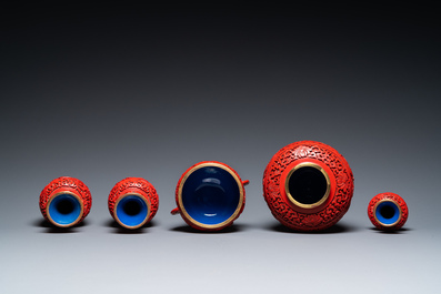 Six Chinese red lacquer pieces with Cultural Revolution design