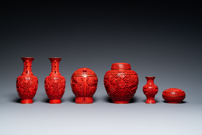 Six Chinese red lacquer pieces with Cultural Revolution design