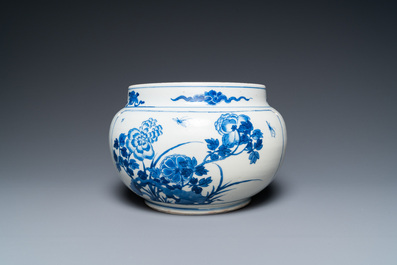 A Chinese blue and white bowl with figures in a landscape, Kangxi