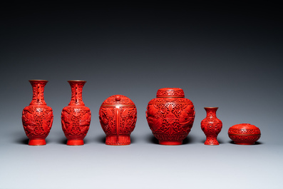 Six Chinese red lacquer pieces with Cultural Revolution design