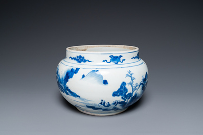 A Chinese blue and white bowl with figures in a landscape, Kangxi