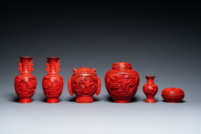 Six Chinese red lacquer pieces with Cultural Revolution design