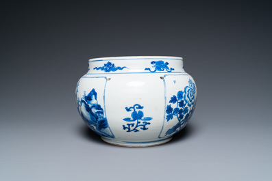 A Chinese blue and white bowl with figures in a landscape, Kangxi