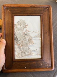 A Chinese grisaille 'landscape' plaque and a blue and white plaque signed Hu Xianya 胡献雅, 20th C.