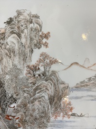 A Chinese grisaille 'landscape' plaque and a blue and white plaque signed Hu Xianya 胡献雅, 20th C.
