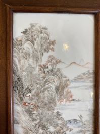 A Chinese grisaille 'landscape' plaque and a blue and white plaque signed Hu Xianya 胡献雅, 20th C.