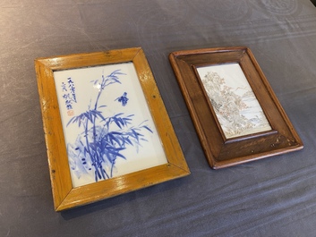 A Chinese grisaille 'landscape' plaque and a blue and white plaque signed Hu Xianya 胡献雅, 20th C.