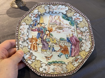 A rare Chinese famille rose 'mandarin' plate with a breastfeeding scene, Qianlong