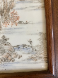 A Chinese grisaille 'landscape' plaque and a blue and white plaque signed Hu Xianya 胡献雅, 20th C.