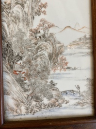 A Chinese grisaille 'landscape' plaque and a blue and white plaque signed Hu Xianya 胡献雅, 20th C.