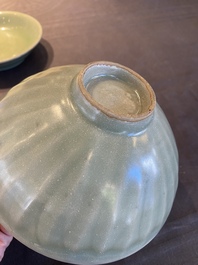 A Chinese Longquan celadon 'lotus' bowl and a dish, Song or later