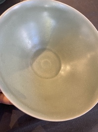 A Chinese Longquan celadon 'lotus' bowl and a dish, Song or later