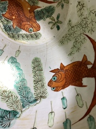 A Chinese famille verte 'silk production' fish bowl, 19th C.