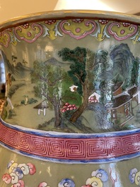 A large Chinese celadon-ground famille rose 'hu' vase with dragons, 19th C.