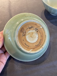 A Chinese Longquan celadon 'lotus' bowl and a dish, Song or later