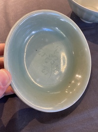 A Chinese Longquan celadon 'lotus' bowl and a dish, Song or later