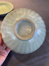 A Chinese Longquan celadon 'lotus' bowl and a dish, Song or later