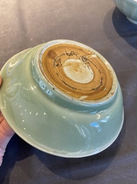 A Chinese Longquan celadon 'lotus' bowl and a dish, Song or later