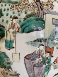 A Chinese famille verte 'silk production' fish bowl, 19th C.