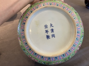 A Chinese lime-green-ground famille rose 'zhadou', Tongzhi mark but probably later