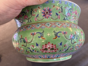 A Chinese lime-green-ground famille rose 'zhadou', Tongzhi mark but probably later