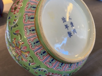A Chinese lime-green-ground famille rose 'zhadou', Tongzhi mark but probably later