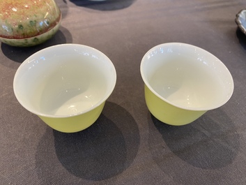 A pair of Chinese yellow-glazed wine cups, Guangxu mark, 20th C.