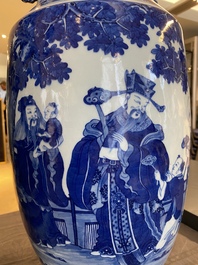 A pair of Chinese blue and white 'Sanxing' vases, Jiaqing