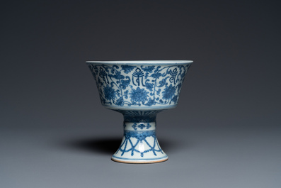 A Chinese blue and white 'Lan&ccedil;a' stem cup, Qianlong mark, 19th C.